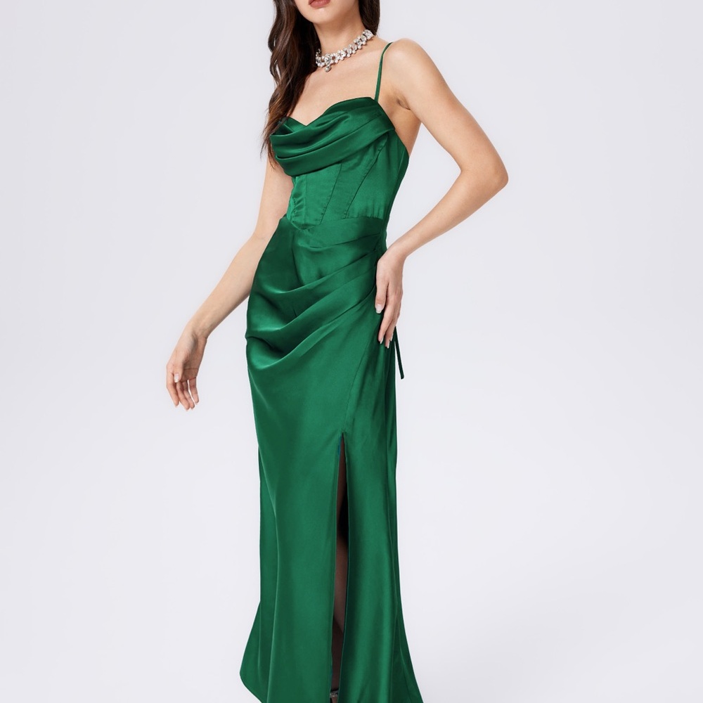 Satin Cowl Neck Cami Corset Maxi Dress